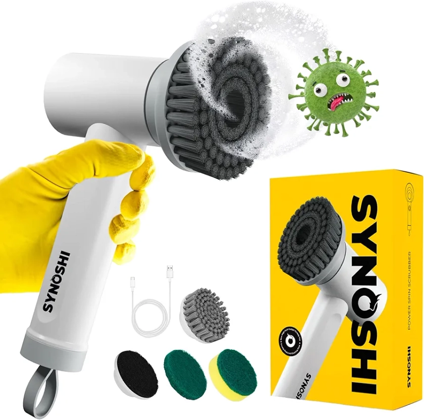 Synoshi Electric Cleaning Brush, Spin Scrubber with 3 Replaceable Heads, 2 Adjustable Speeds, Cordless Perfect for Bathrooms, Showers, Tile, Cars, Floor and more, White/ Gray 11,6 cm x 18 cm : Amazon.co.uk: DIY & Tools