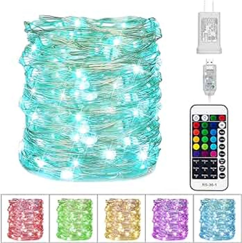 Minetom Color Changing Fairy String Lights - 33 ft 100 LED USB Silver Wire Lights with Remote and Timer, Starry Fairy Lights for Bedroom Party Indoor Christmas Decoration, 16 Colors, Adapter Included