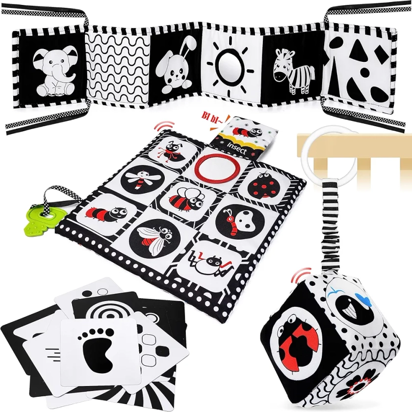 HappyKidsClub Jouet Livre Tissu Montessori Bébé Eveil 0-12 Mois Carte Noir et Blanc Bébé Cadeau Naissance Fille Garcon Jouet Sensoriel Hochet Bebe