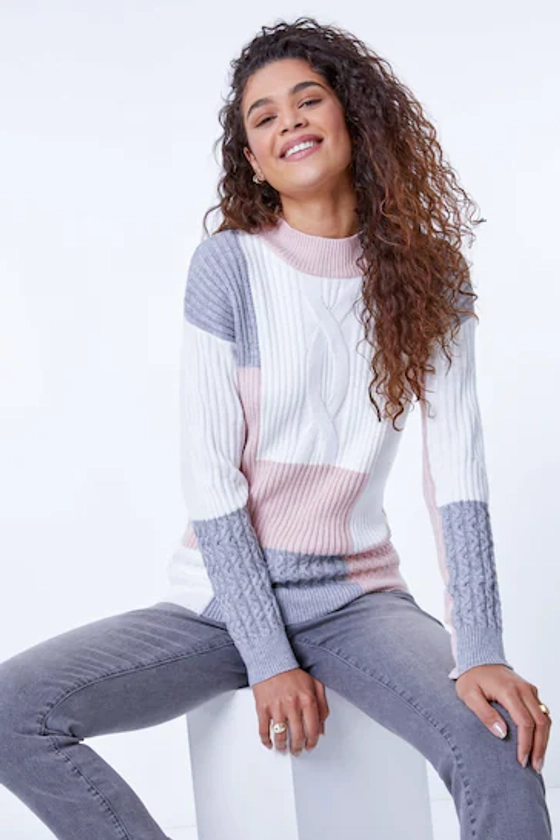 Roman Pink High Neck Colourblock Cable Knit Jumper