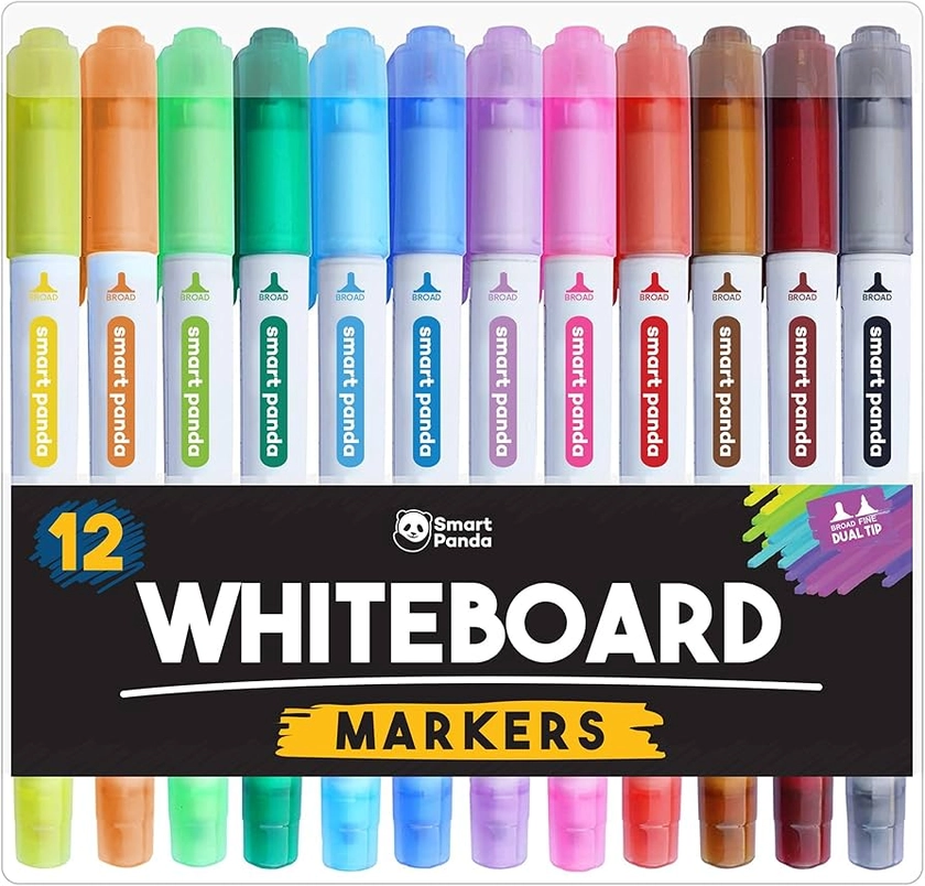 Smart Panda 12 Whiteboard Pens Dual Tip, Thin White Board Markers Erasable, Broad and Fine – Dry Erase Marker Pens, Colour Dry Wipe Markers