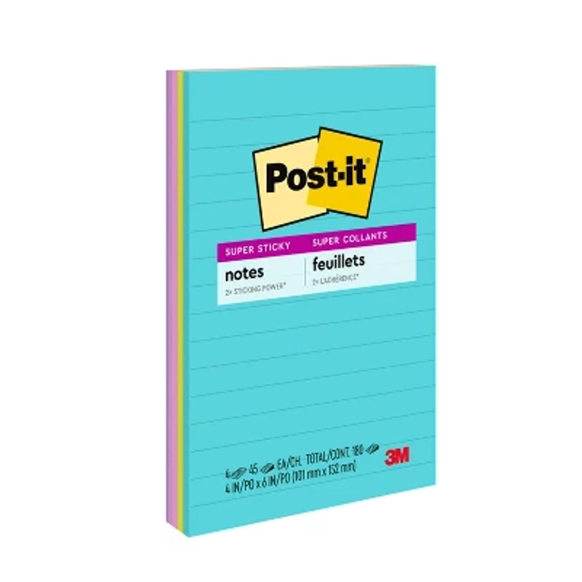 Post-it® Super Sticky Notes, 4 in. x 6 in., Supernova Neons Collection, 4 Pads/Pack, 45 Sheets/Pad, Lined