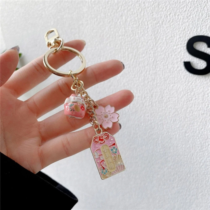 Omamori Sakura Amulet Lucky Cat Keychain
