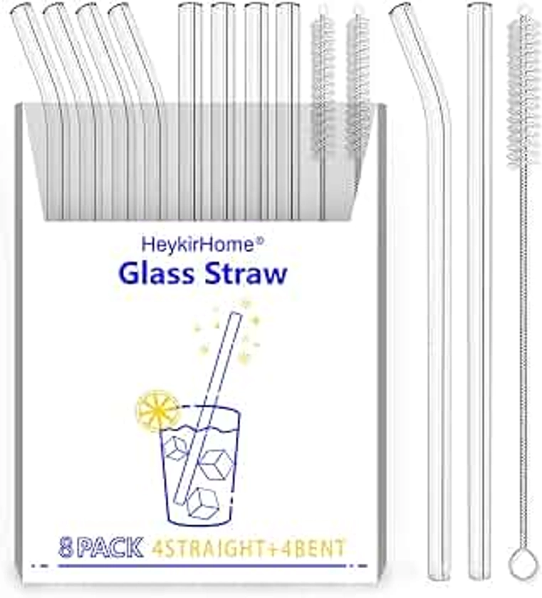 HeykirHome 8-Pack Reusable Glass Straw,Size 8.5''x10 MM,Including 4 Straight and 4 Bent with 2 Cleaning Brush- Perfect For Smoothies, Tea, Juice