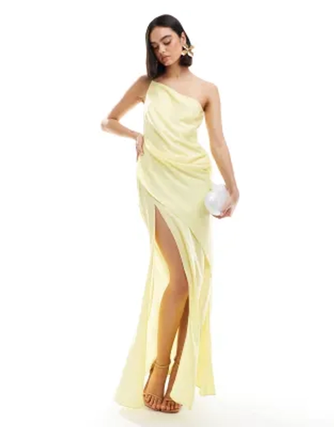 ASOS DESIGN - Robe longue et asymétrique en satin avec fente sur la cuisse - Jaune citron | ASOS