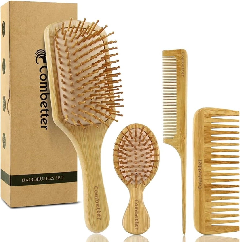 Combetter Natural Bamboo Hairbrush Set - Get Smooth, Shiny, and Healthy Hair with Reduces Frizz and Promotes Hair Growth, Eco-Friendly Wooden Hair Brushes for Women, Men & Kids