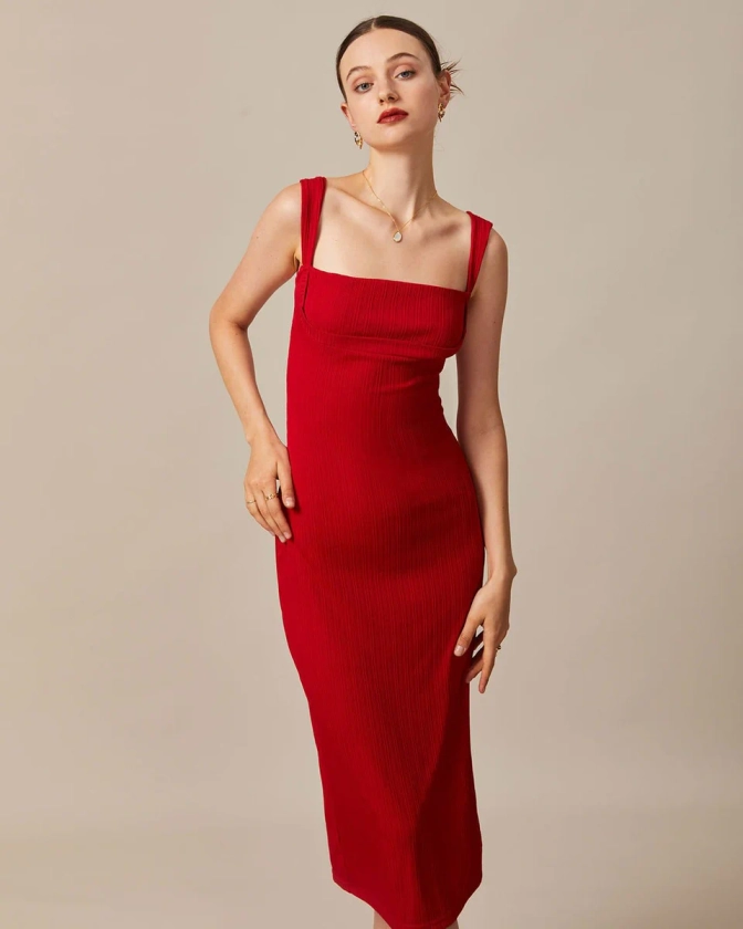 The Red Square Neck Ribbed Midi Dress - Red Ribbed Knit Bodycon Midi Dress - Red - Dresses | RIHOAS