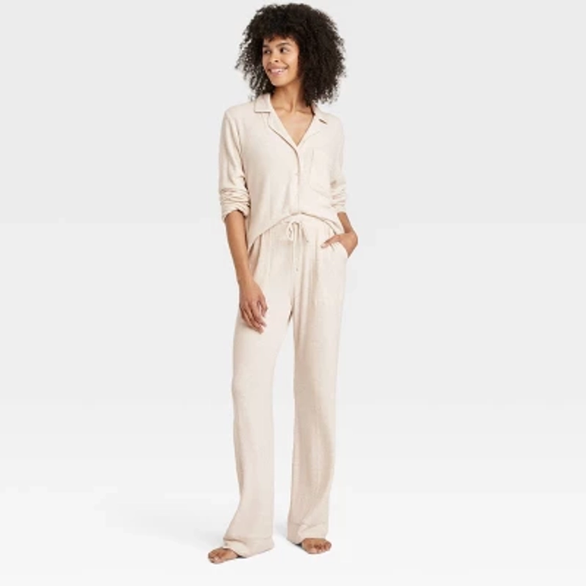 Women's Cozy Ribbed Long Sleeve Notch Collar Shirt and Pants Pajama Set - Auden™ Oatmeal M