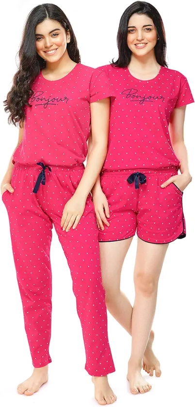 ZEYO Women's Cotton 3PC'S (Top+Pyjama+Shorts) Triangle Printed Cherry Pink Night Suit 5360 : Amazon.in: Fashion