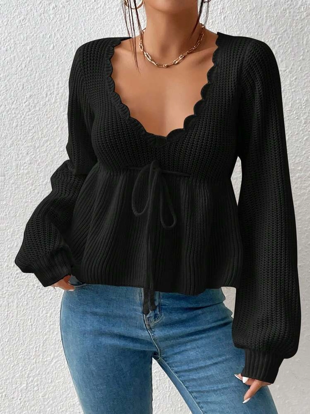 SHEIN Privé Sweat Noir À Peplum Avec Manches Lanterne À Bordure Festonnée, Nœud À L'avant Et Lien