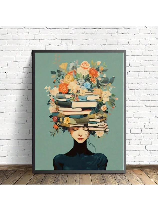 Affiche d'impression d'art mural en canevas, non encadrée de 12x16 pouces - fille inspirante lisant avec couronne florale, œuvre d'art vintage pour la décoration d'intérieur, bureau, salon, chambre à coucher, salle de bain - matériau de canevas douce imperméable idéal pour les amateurs de livres