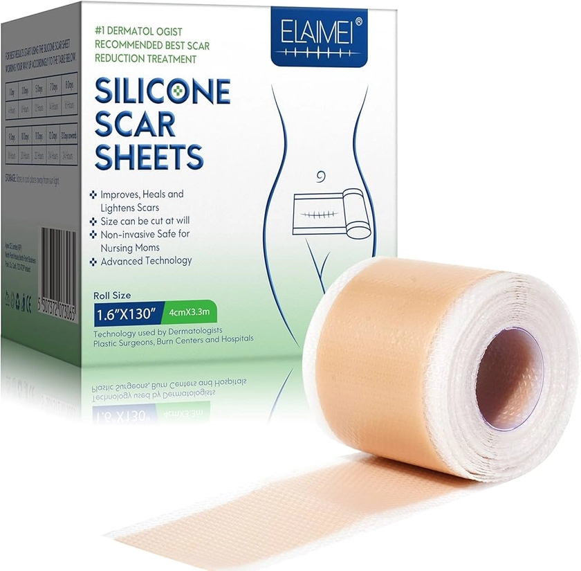 Silicone Scar Sheets (1.6"x130"-3.3M), Medical Grade Silicone Adhesive Tape Strips for Surgical Incisions, Caesarean Section, Keloid, Acne