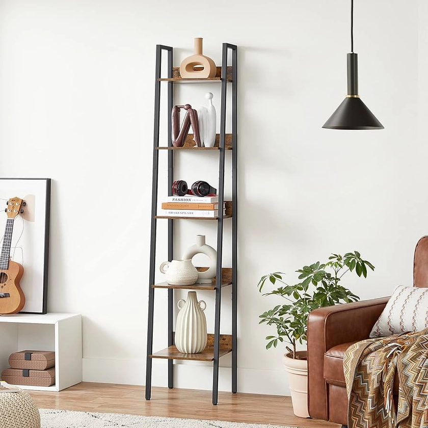 VASAGLE 5 Tier Shelf Ladder Bookcase Storage Stand Office Living Room Bedroom Kitchen Industrial Style Rustic Brown & Black LLS109B01