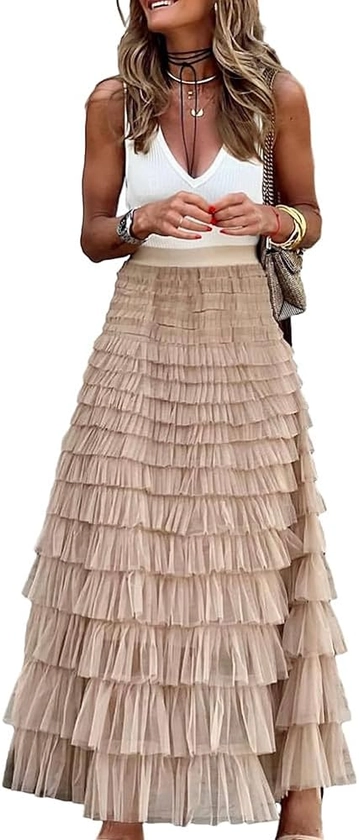 SUNYUESTAR Long Tulle Skirt for Women Trendy High Waisted A Line Fluffy Fairy Mesh Layered Ruffle Skirt