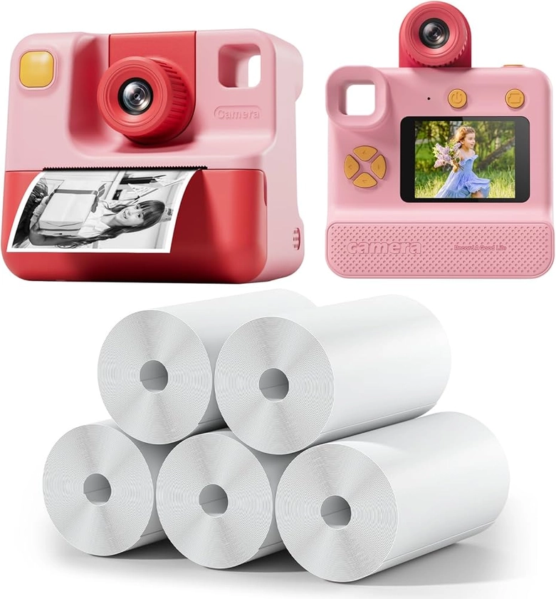 Instant Print Camera and 5 Rolls Kids Instant Camera Refill Print Paper, 1080P Kids Instant Cameras, HD Printing Thermal Print Paper Set, Christams Birthday Gifts for Girls Boys Age 3-12