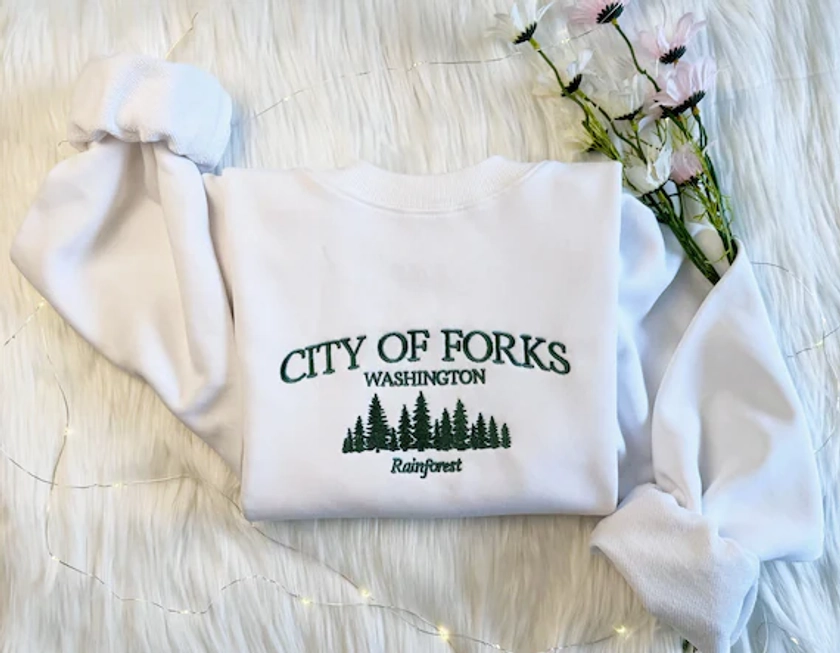 Sudadera bordada de la ciudad de Forks / sudadera con capucha bordada de Washington / suéter de Washington de la ciudad de Forks / sudadera de cuello redondo Forrest