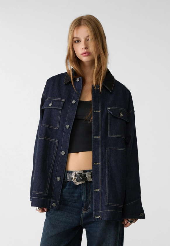 Oversize denim jacket with pockets - Women's Jackets | Stradivarius United Kingdom