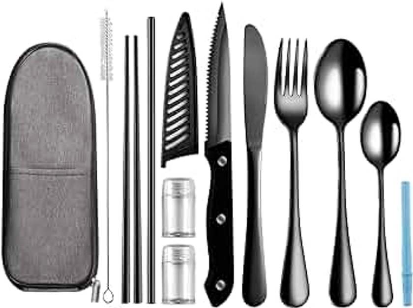 Portable Travel Utensils Set,Reusable Camping Cutlery Set,Stainless Steel Flatware Set with Case,Lunch Boxes Workplace Camping School Picnic (Black)