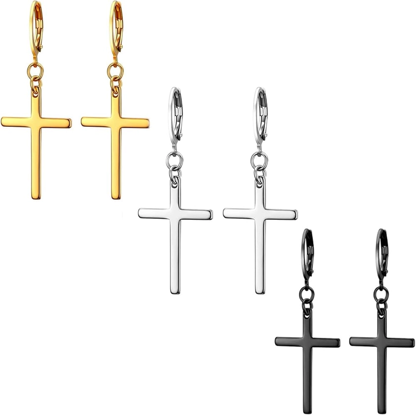 3 Pairs Mens Cross Drop Dangle Earrings Set Hanging Dangling Crucifix Hinged Earingings Stainless Steel Black Gold Silver