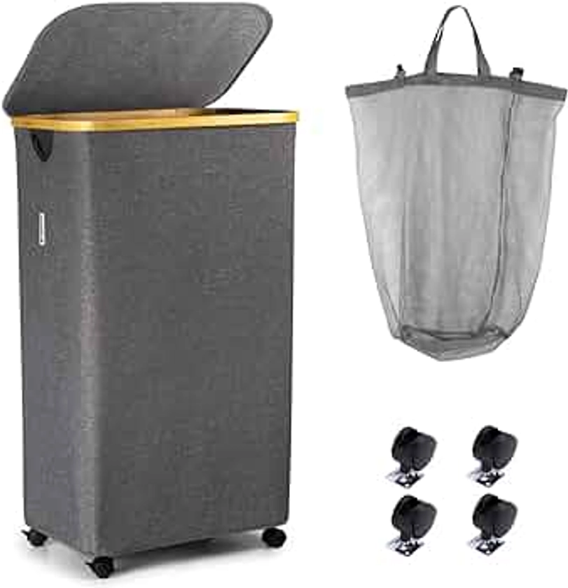 Laundry Hamper with Lid on Wheels - 100L Large Laundry Basket with Bamboo Handle, Portable Clothes Hamper for Dorm Room, Bedroom, Bathroom, Grey foldable Hamper For Toys, Clothing, Clothing