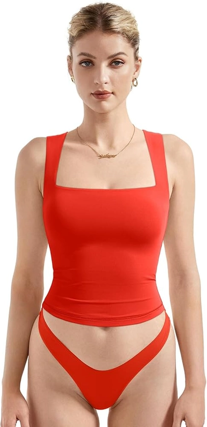 SUUKSESS Women Double Lined Square Neck Crop Tank Top Sleeveless Basic Y2k Tops