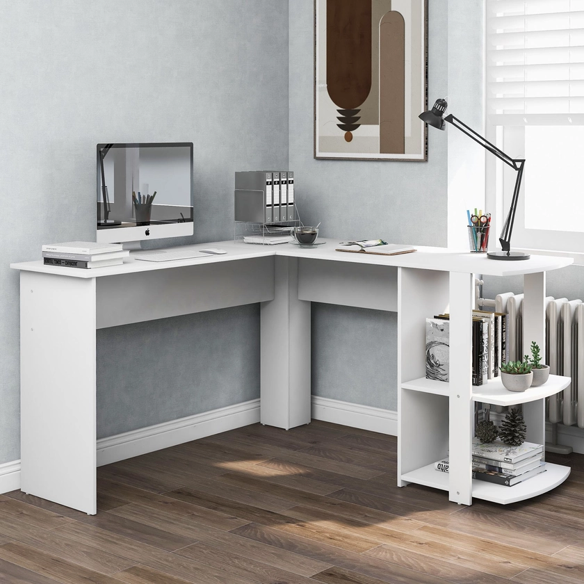 L-Shaped Corner Computer Desk, Large Home Office Desk with 2 Storage Shelves, Easy Assembly, 140x140x75 cm, White