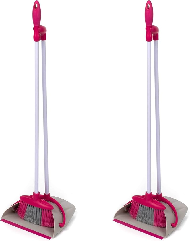 Kleeneze COMBO-5128 Self-Standing Long Handled Dustpan & Broom Brush Set, Set of 2, Compact & Space-Saving, Rubber Edge Lip to Collect Dirt, Dust & Pet Hair, Lightweight, Easy Grip, White/Pink : Amazon.co.uk: Grocery