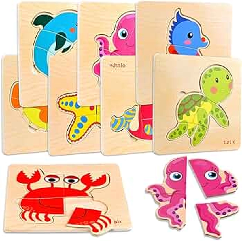 8pcs Wooden Puzzles for Toddlers 1-3, Toddler Puzzles Ages 2-4, Montessori Toys for 1-3+ Years Girl Boy, Sea Animal Puzzle for Kids, Jigsaw Puzzles Educational Toys Preschool Puzzles for 1-3