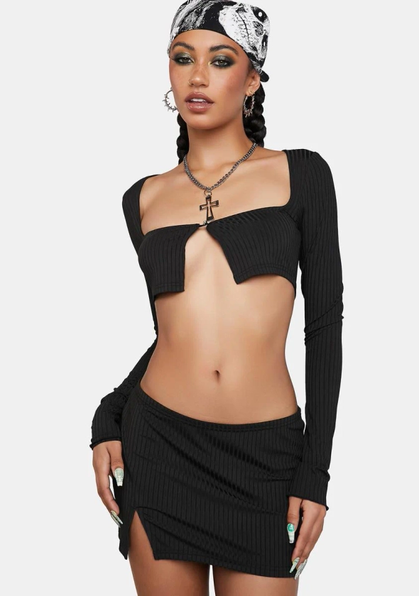 Long Sleeve Crop Top Skirts Set - Black