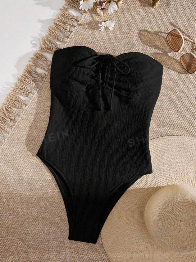 SHEIN Swim Summer Beach Women's Strapless One Piece Swimsuit With Front Drawstring | SHEIN UK