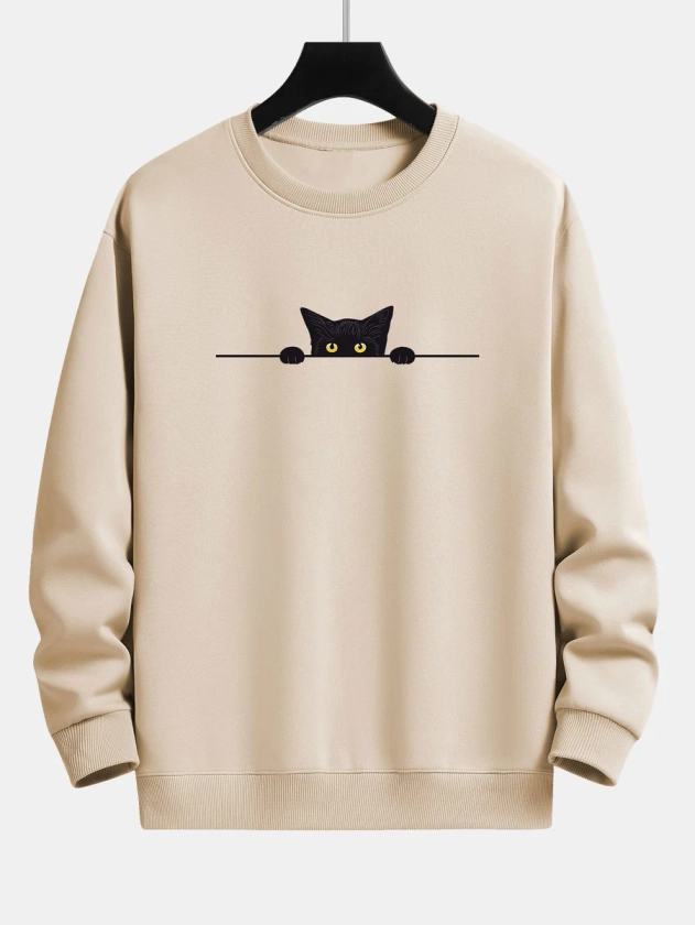 Black Cat Print Relax Fit Sweatshirt-HOOOYI