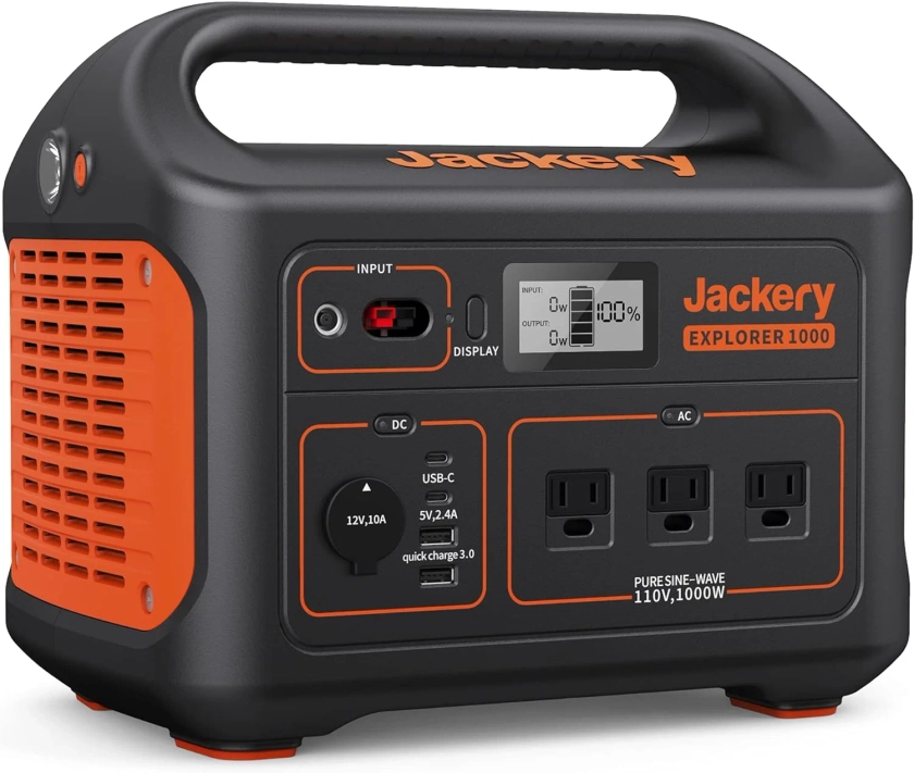 Jackery Explorer 1000 Portable Power Station, 1002Wh Capacity with 3x1000W AC Outlets (Solar Panel Optional)