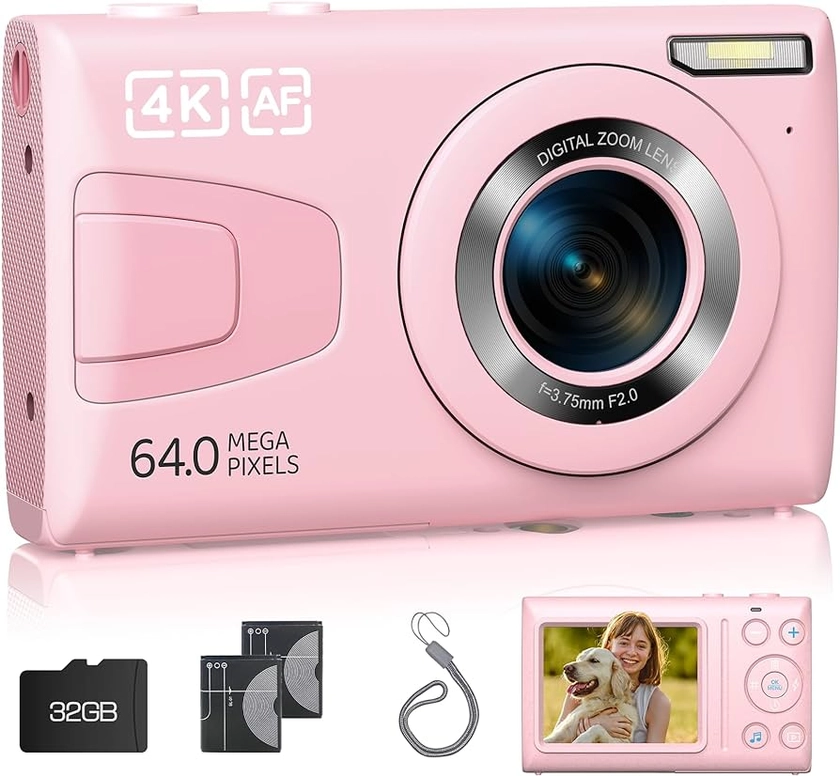 Digital Camera 64MP 4K Auto Focus Point and Shoot Video Camera with 32GB Card for Vlog, 18X Zoom, Compact Small Vintage Camera Gifts for Teens Students Boys Girls Kids Pink