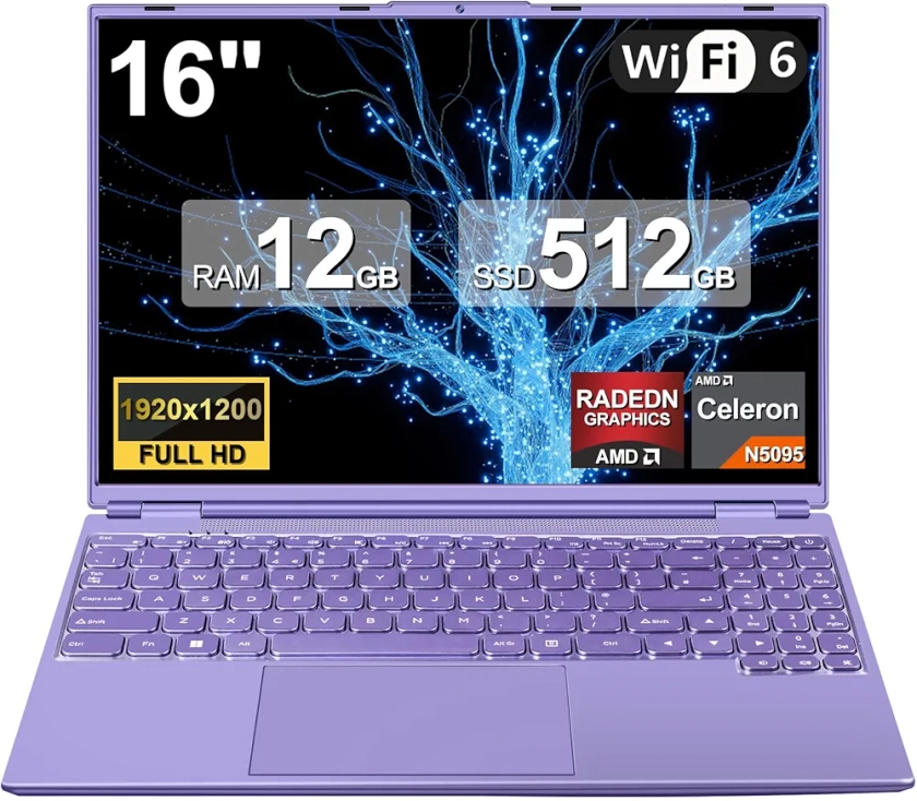 Ordinateur Portable 16 Pouces 4cœurs Celeron N5095 (jusqu'à 2,9 GHz),12+512GB SSD Soutien Extension 1TB ,PC Portable Win11 Avec 5G WIFI 1920x1200 BT4.2 Souris sans Fil&AZERTY Clavier Couverture-Violet