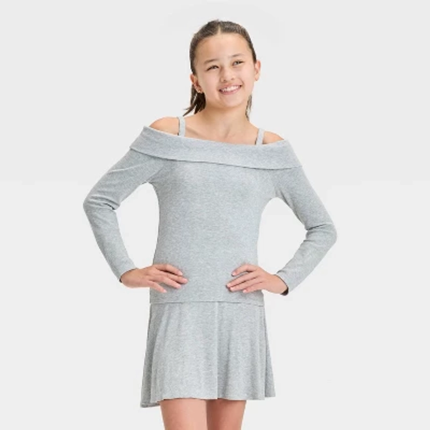 Girls' Long Sleeve Off the Shoulder Ribbed T-Shirt - art class™ Heathered Gray M