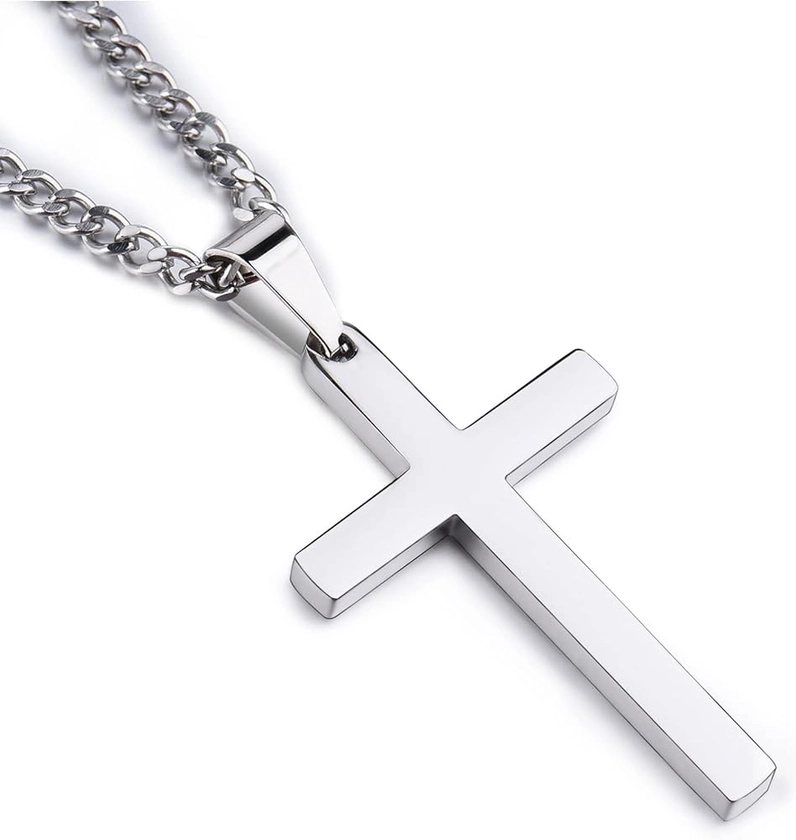 CERSLIMO Cross Necklace for Men Women, 316L Stainless Steel Cross Pendant Necklace with Chain-55+5CM | Silver/Gold/Black Cross Chain Necklaces Easter Gifts for Birthday Christmas Thanksgiving Day