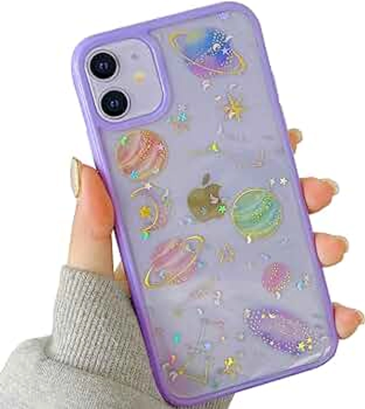 iPhone 12 Mini Glitter Case - Cute Clear Purple Design for Girls & Women, Handmade Planets/Stars, Slim Soft TPU 5.4" 5G 2020