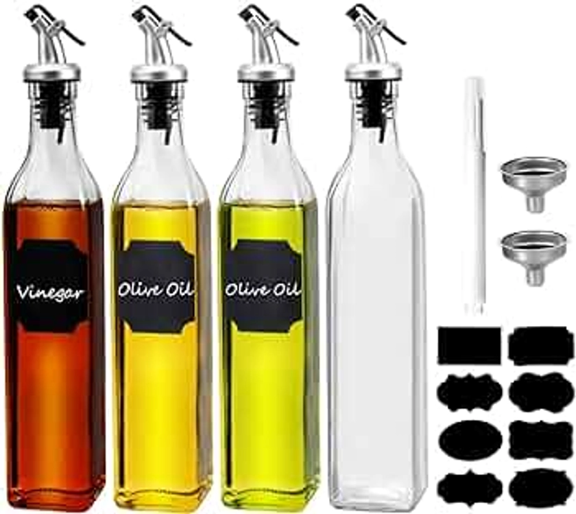 WERTIOO Oil Dispenser Bottle 4 Pack 17 OZ Glass Olive Oil and Vinegar Dispenser Set Oil Container with Funnel & Pen and Tag for Kitchen