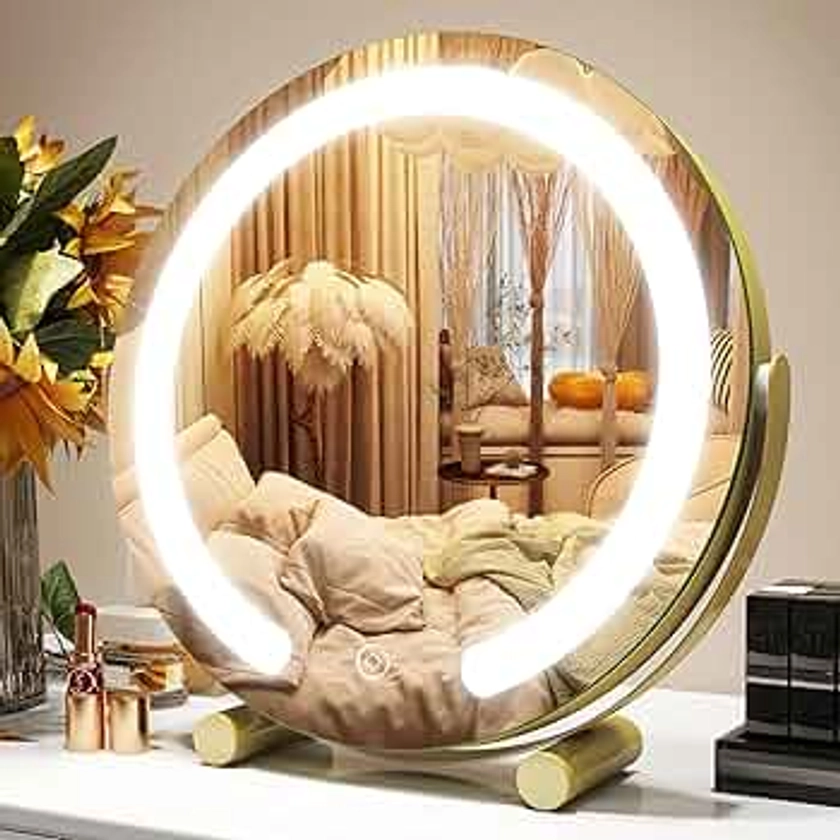 Gold Vanity Mirror, 12 Inch Makeup Mirror with Lights, Large Lighted Vanity Mirror, Light Up Mirror with Smart Touch 3 Colors Dimmable, Tabletop Mirror, 360° Rotation