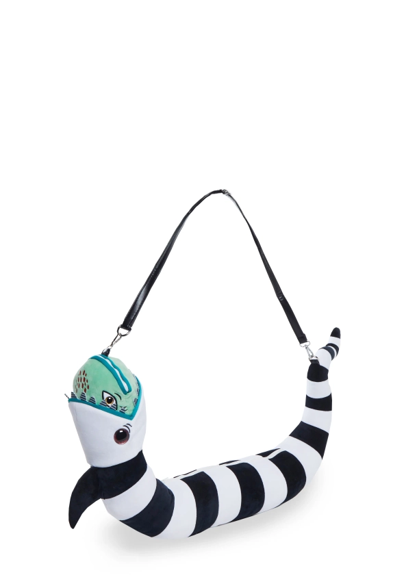 Dolls Kill x Beetlejuice The Afterlife Plush Stuffed Ghost Eating Sandworm Convertible Crossbody Shoulder Bag - Black/White