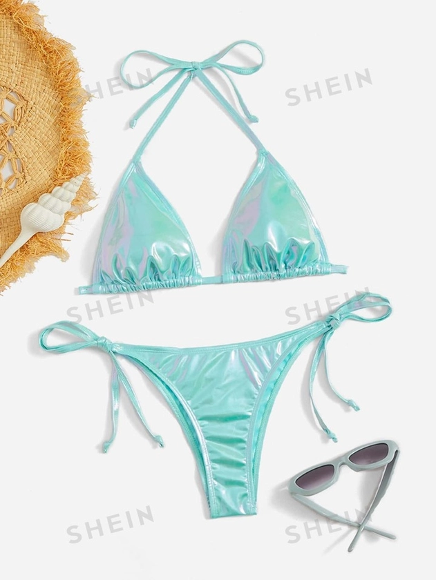 SHEIN Swim Y2GLAM Metallic Bikini Set Halter Triangle Bra Top & Tie Side Bikini Bottom 2 Piece Bathing Suit | SHEIN USA