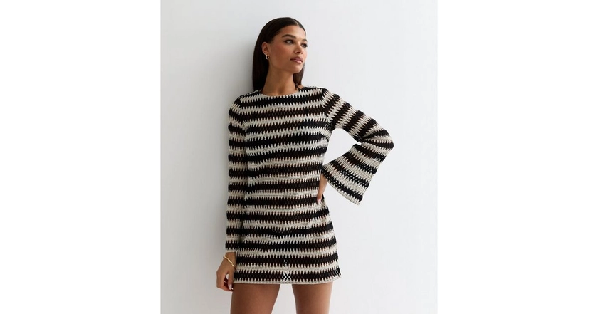 Black Stripe Crochet Flared Sleeve Mini Beach Dress | New Look