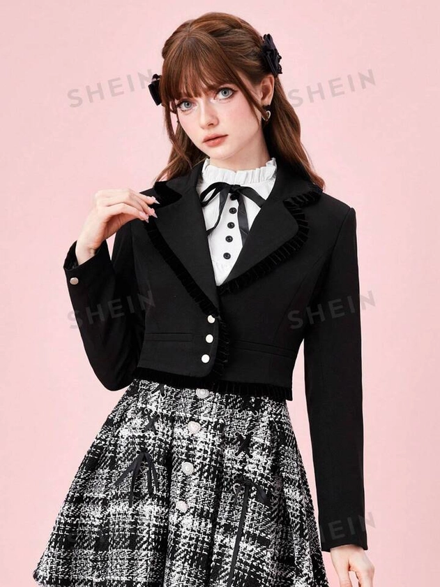 ROMWE Kawaii Blazer de estilo universitario con botones metálicos, ribete de terciopelo y ajuste corto para mujer, escuela