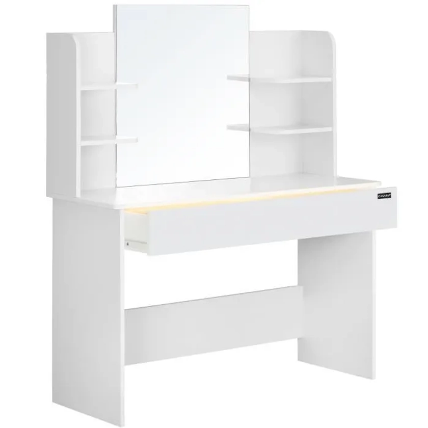 Casaria Coiffeuse Lucia Blanc tiroir LED table de maquillage miroir chambre dressing rangement tioir 3 compartiments