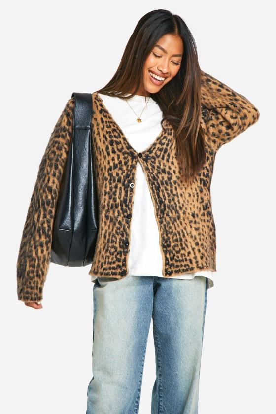 Jumpers & Cardigans | Brushed Leopard Knitted Cardigan | boohoo