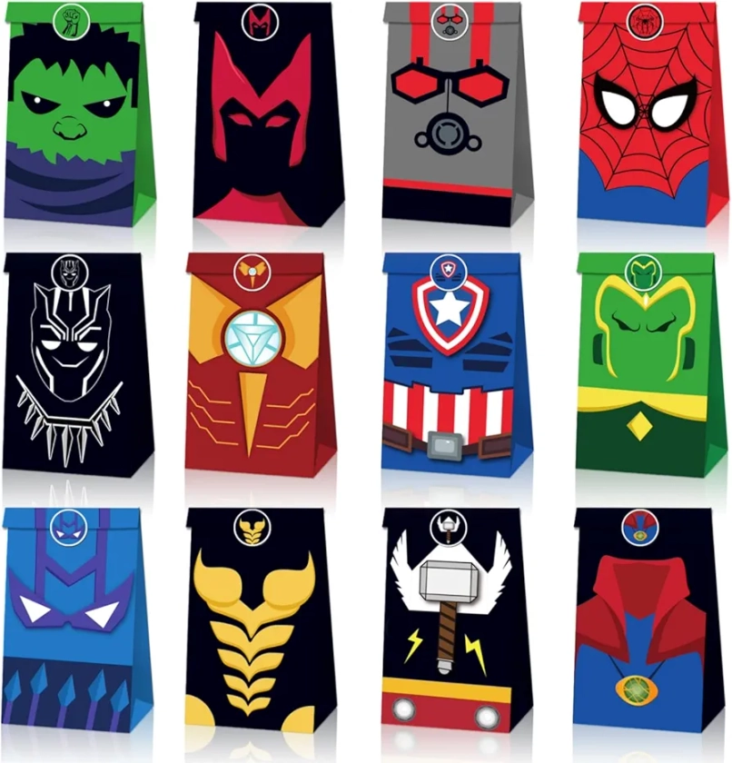 Mooshy Superhero Party Bags 12pcs Party Bags Avengers Party Bags with Kraft Paper Party Bags for Kids Party 12 Design Superhero Party Supplies with Stickers