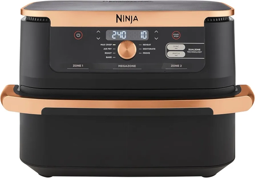 Ninja Foodi FlexDrawer Air Fryer, Tongs, Dual Zone with Removable Divider, Large 10.4L Drawer, 7-in-1, Air-Fryer, Air Fry, Roast, Bake, Crisp, Non-Stick Dishwasher Safe Parts, Black & Copper,AF500UKCP