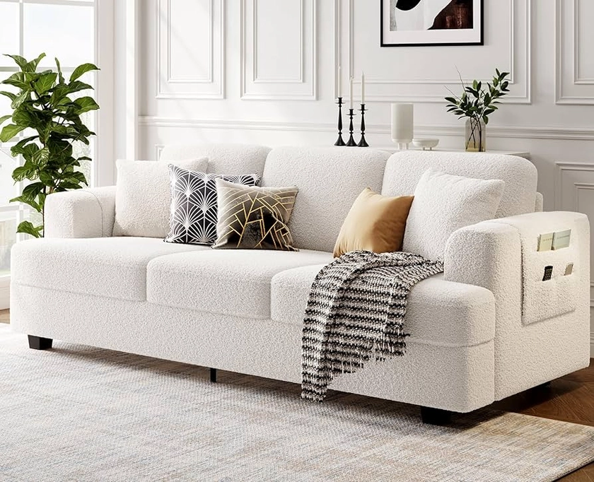 Amazon.com: KKL Deep Seat Sofa 89" with Throw Pillow, Modern Sofa, Couches for Living Room, Comfy Sofa, Sleeper Couch, Bouclé, Offwhite : Home & Kitchen