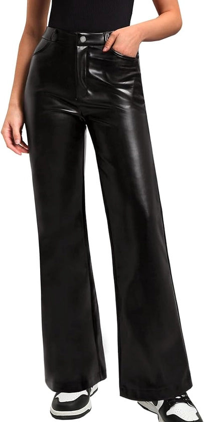 Black Faux Leather Pants for Women High Waisted Flare Leggings Straight Wide Leg Pleather Pants with Pockets