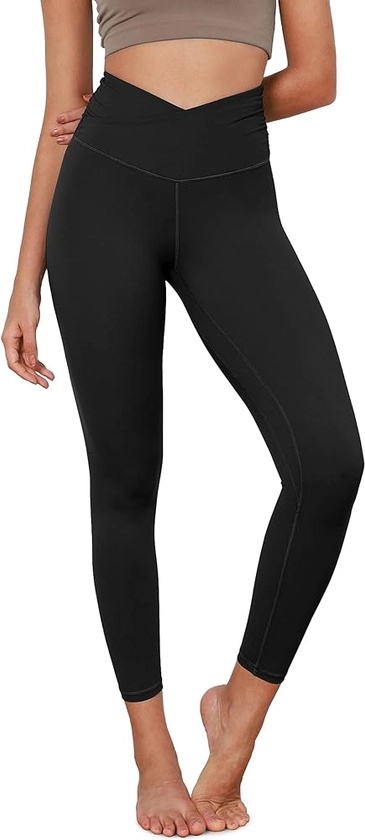 ODODOS Women's Cross Waist Yoga Leggings with Inner Pocket, 21"/25"/28" Gathered Crossover Workout Yoga Pants
